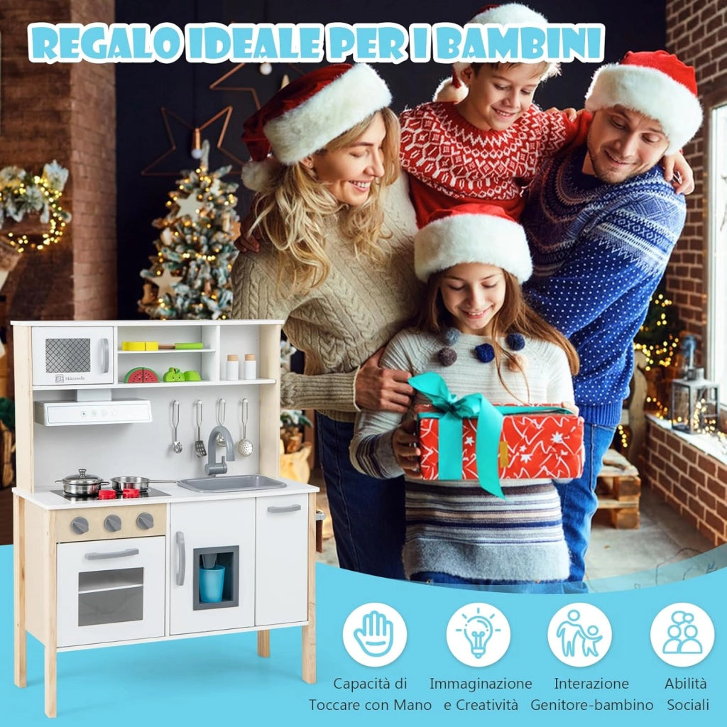 Cucina Giocattolo per Bambini in Legno, Cucina per Bambini con Microonde, Cappa Aspirante, Forno, Macchina del Ghiaccio, Lavello e Rubinetto, Manopole con Suoni, per Bambini 3-6 Anni (Bianco)