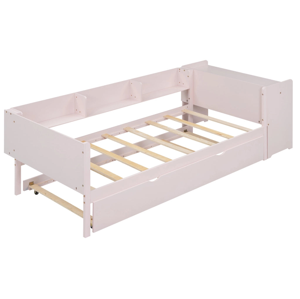 Letto per bambini 90x200 cm con letto estraibile; scrivania e ripiani; legno e MDF; rosa