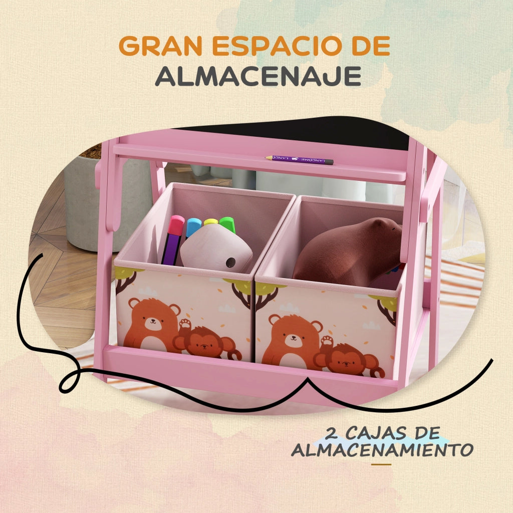 Lavagna Bifacciale Bambini con 2 Contenitori Tessuto ¨C Xylo ¨C Cavalletto Pittura Stampa Animali Rosa