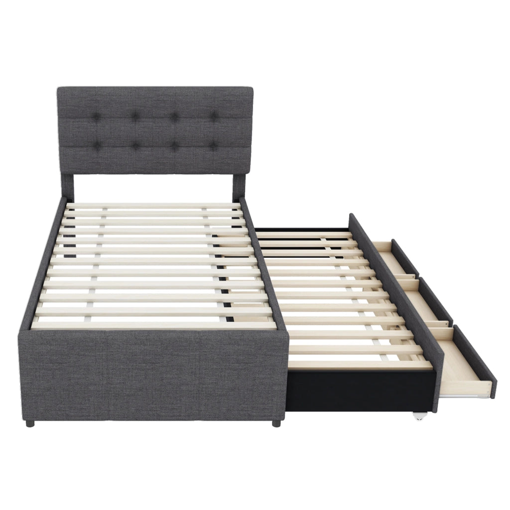 Letto imbottito 90x200 cm con letto estraibile; cassetti; legno; grigio (Senza materasso)
