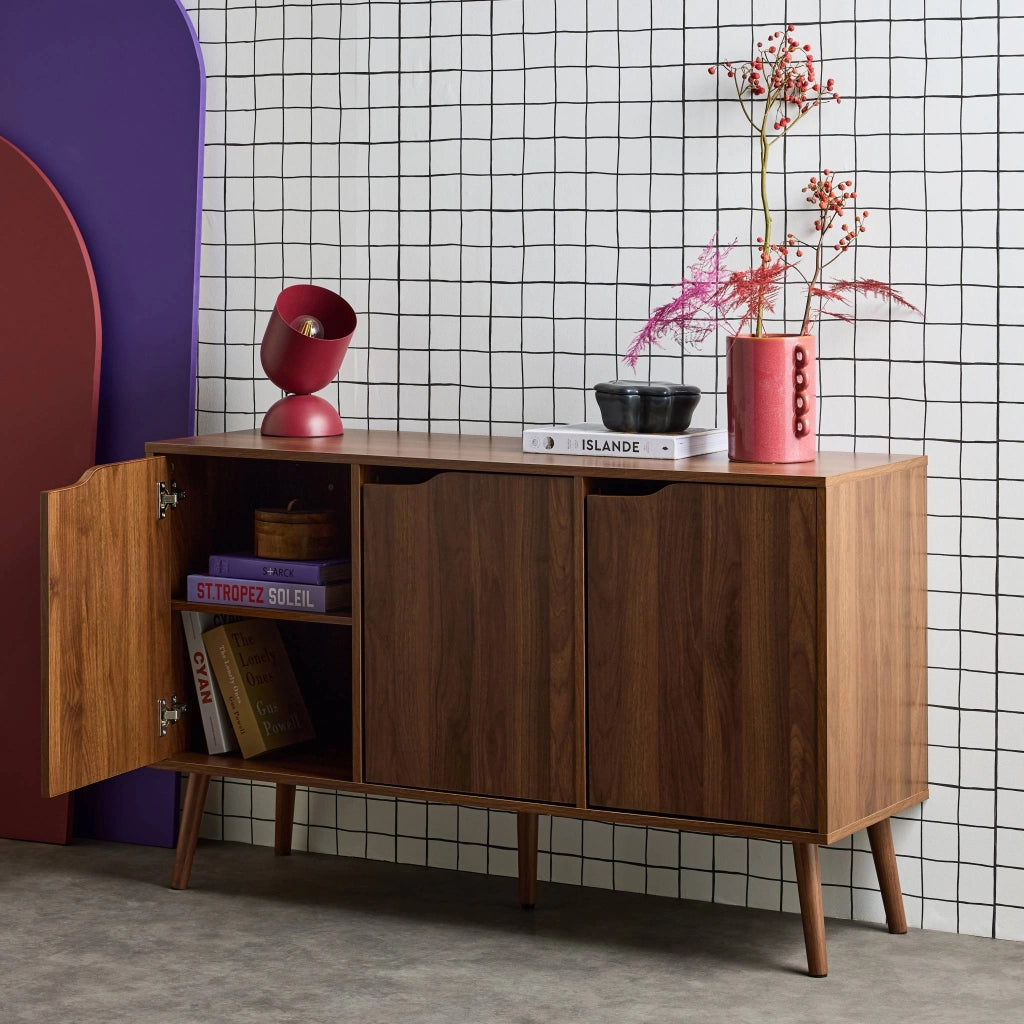 Credenza effetto noce con 3 ante e 3 ripiani, 120cm, noce