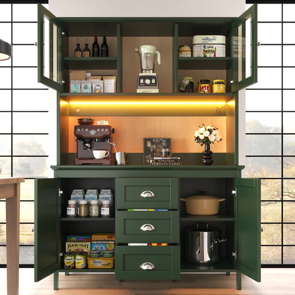 Credenza alta da cucina con ripiani; LED; 2 piedini regolabili; ante in vetro marrone e cassetti per cucina; verde; 120 × 40 × 179 cm