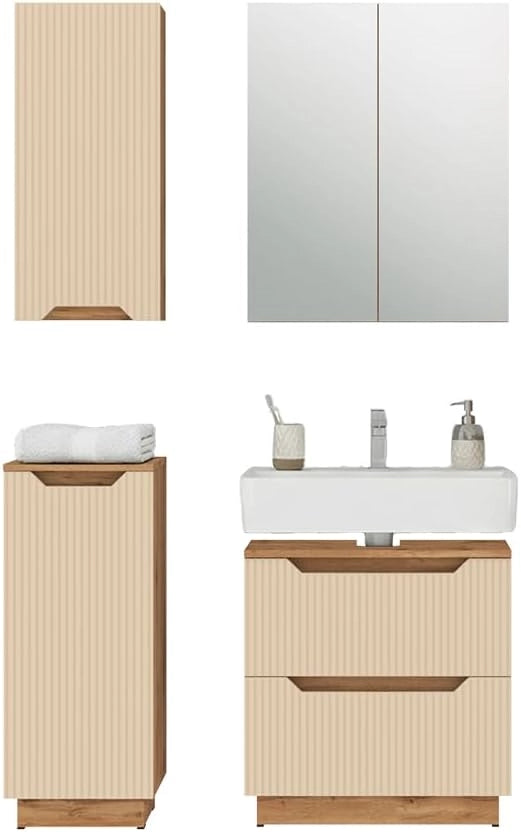 Set di mobili da bagno Lotta, Rovere/cashmere con struttura in piastrelle, 4 parti