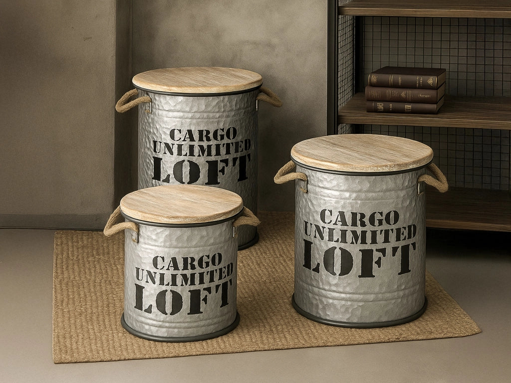 Set 3 Pouf Contenitori In Acciaio SgabellO Tavolino Caffè Salotto Design Moderno Cargo Unlimited Impilabili Salvaspazio Arredo Soggiorno Camera Coperchio Legno Vintage  Naturale