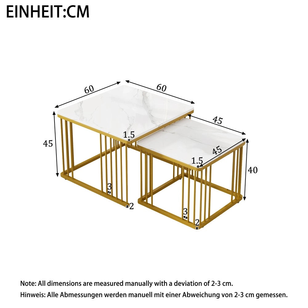 Set 2 Tavolini da Caff¨¨ Effetto Marmo Lucido ¨C MINIMAL ¨C Piano Quadrato, Gambe Dorate, 60x60x45 e 45x45x40