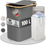 Pannello per la Raccolta della Spazzatura con Coperchio - 2 Cassetti - 100 Litri - Grigio Scuro - Tessuto di Bambù