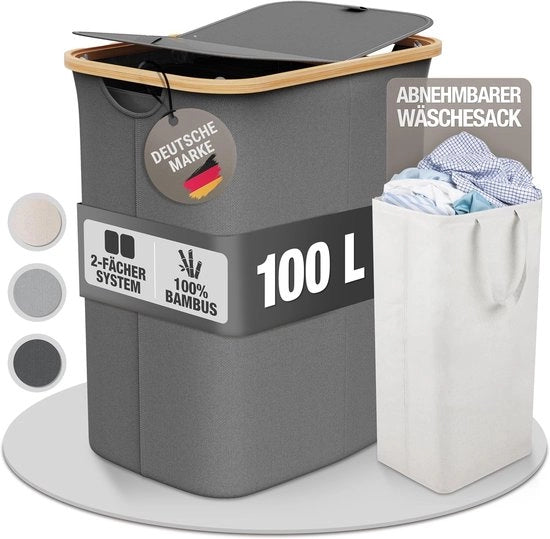 Pannello per la Raccolta della Spazzatura con Coperchio - 2 Cassetti - 100 Litri - Grigio Scuro - Tessuto di Bambù