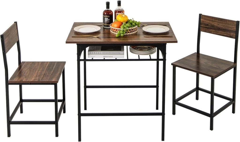 Set da pranzo 3 pezzi, tavolo da pranzo con ripiano per bottiglie e 2 sedie con schienale, design compatto, stile industriale, tavolo da colazione per 2 persone (marrone)
