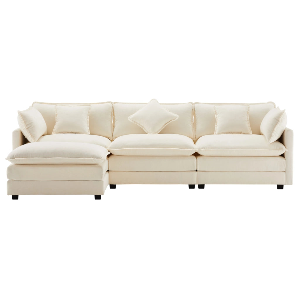 Divano 3 posti in chenille beige con pouf mobile, 283 cm