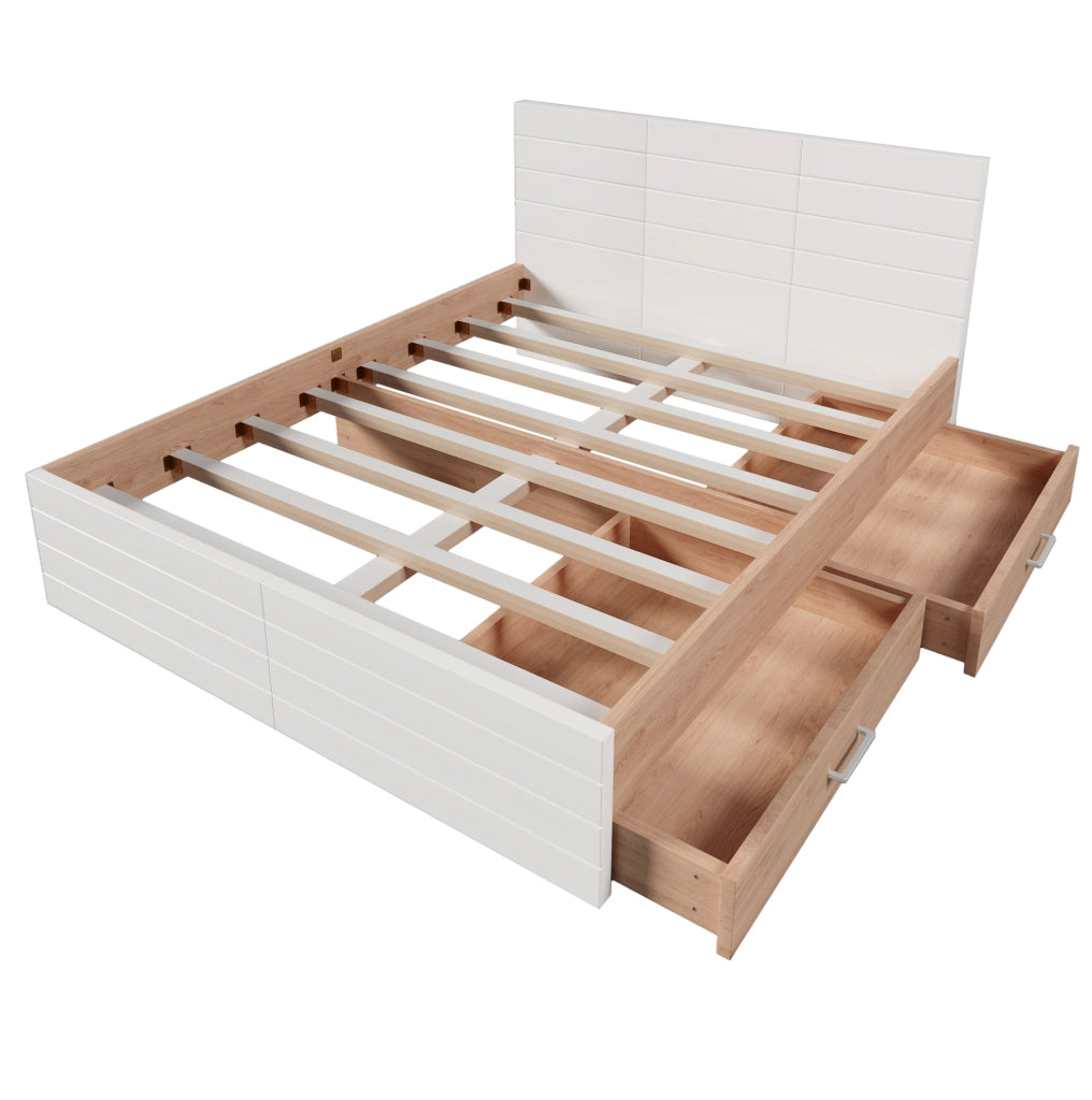 Letto matrimoniale 140x200 cm con 2 cassetti e rete a doghe; legno e MDF bianco e rovere chiaro