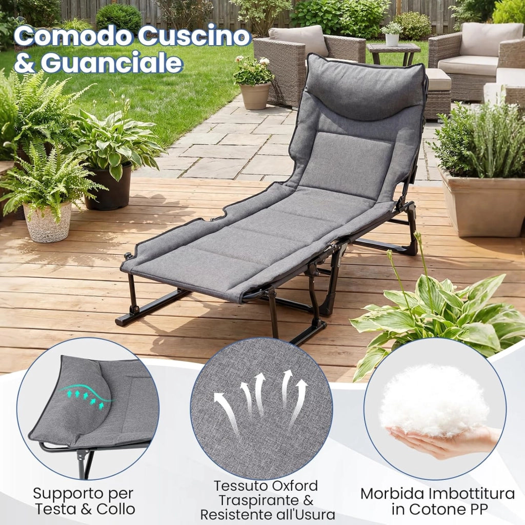 Sedia a Sdraio Pieghevole, con Schienale Reclinabile 6 Posizioni, Poggiatesta, Lettino Prendisole con Struttura in Metallo per Giardino, Cortile e Bordo Piscina