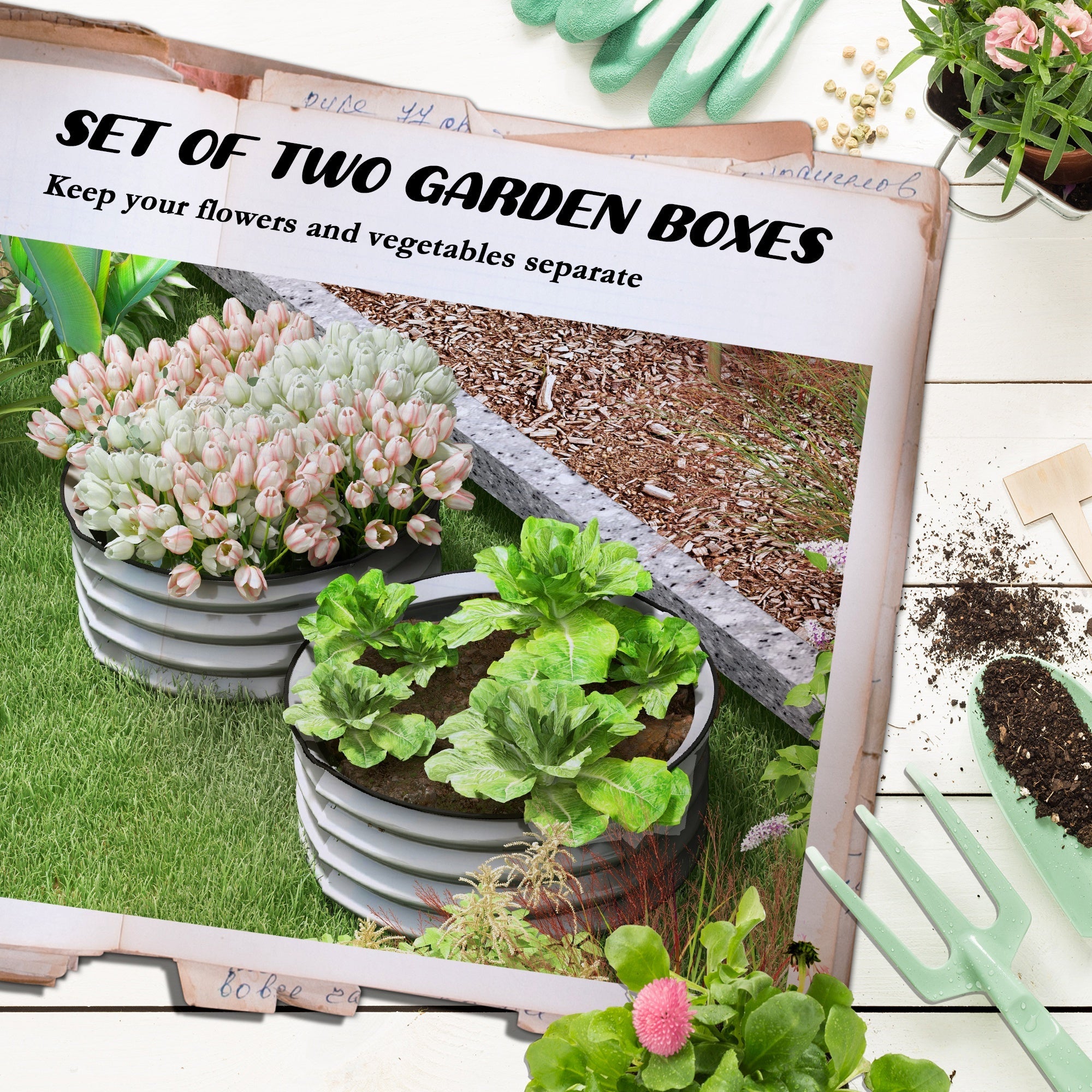 Set di 2 Letti per Orto Rialzati con Fondo Aperto Ø60x30 cm in Acciaio Galvanizzato Argento