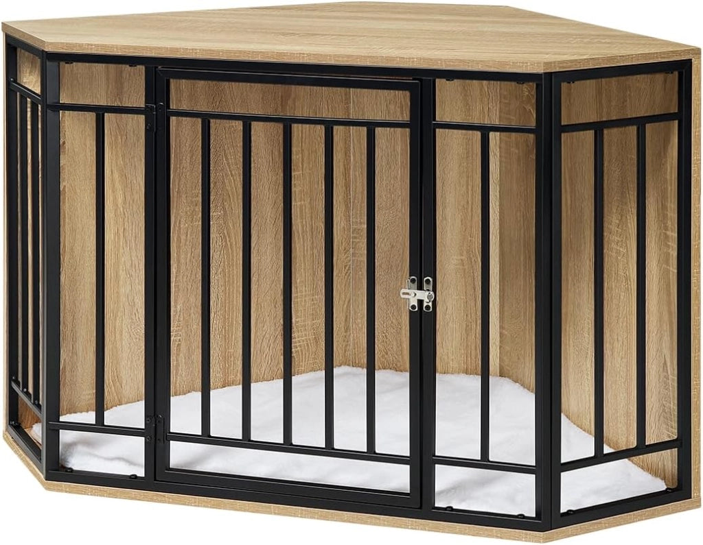 Gabbie per Cani da Interno, Gabbia per Cani ad Angolo, 111x60x67cm Kennel Cane Grande Media, Gabbia in Legno Decorativa con Porta Bloccabile, Sopporta Massima di 70kg