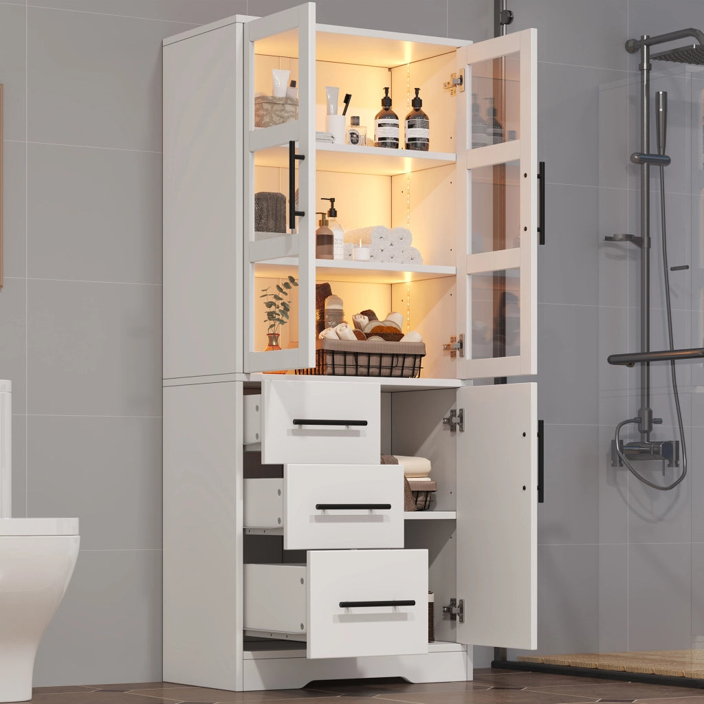 Armadietto da bagno con LED 3 cassetti 3 ante e ripiani regolabili per bagno e soggiorno bianco 72 × 35 × 170 cm
