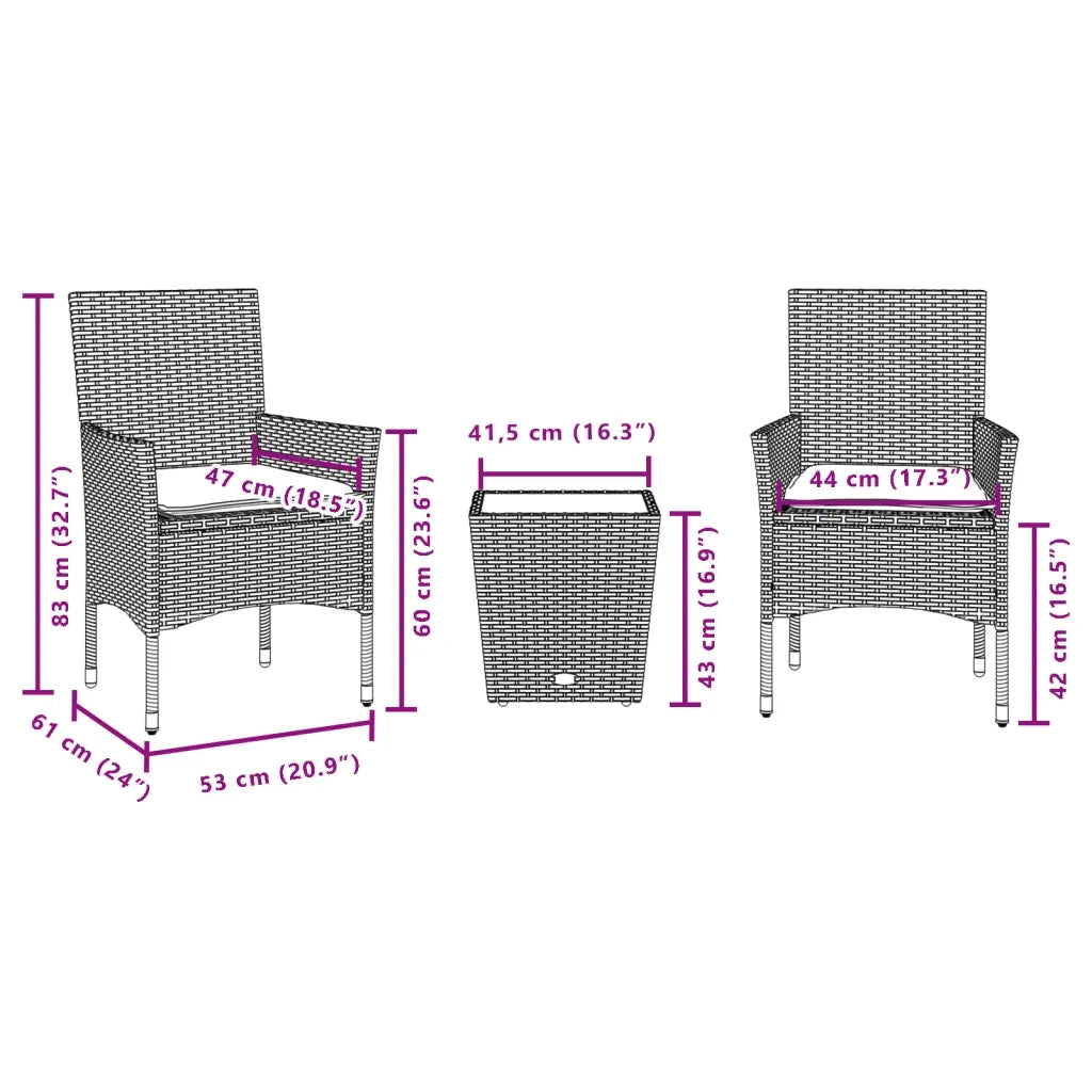 Set da Bistrò 3 pz con Cuscini Nero Polyrattan e Vetro 3278740