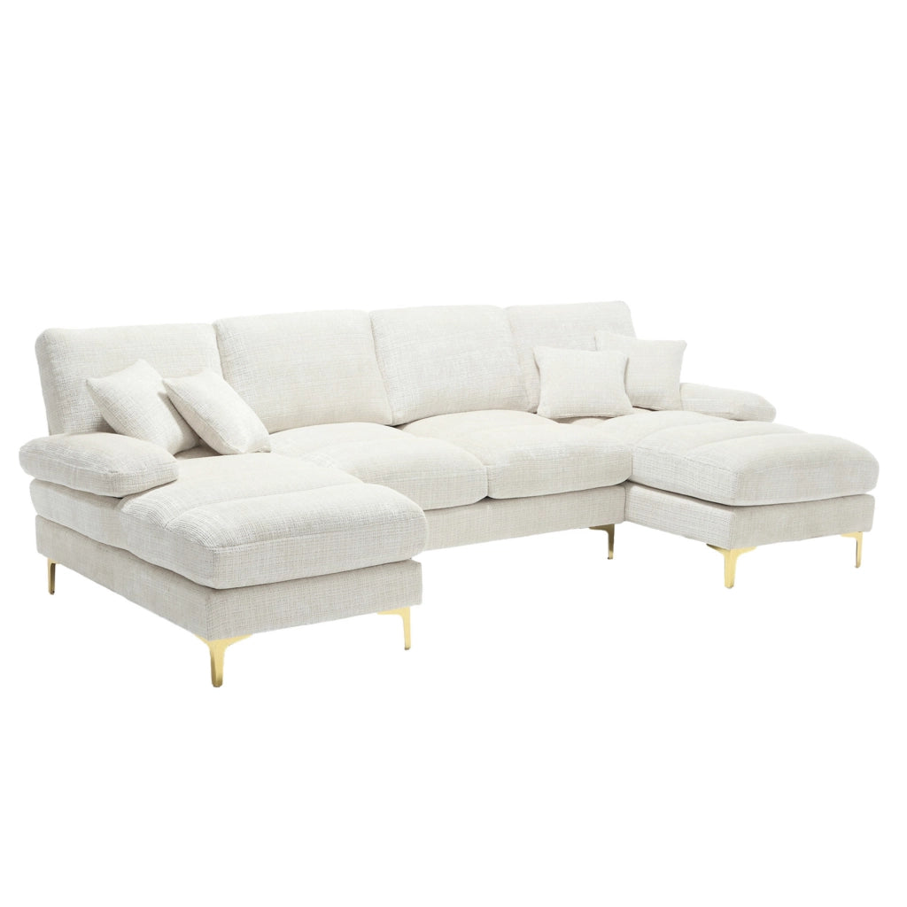 Divano componibile a U in chenille beige con doppia chaise longue