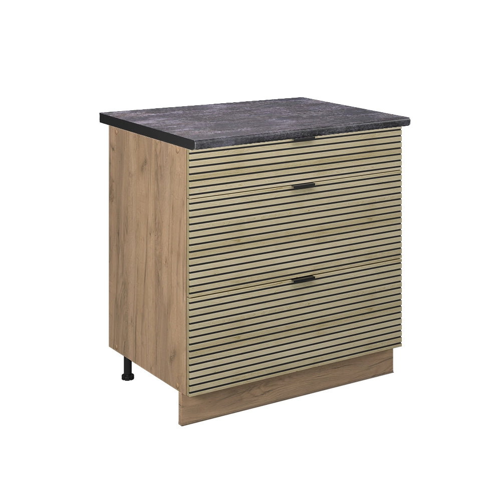 Mobiletto base per cucina Fame-Line Pannello in quercia/Rovere dorato 80 cm con 3 cassetti, PL Antracite Vicco