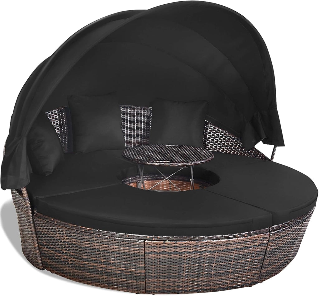 Letto Isola da Giardino, Divano Prendisole con Tettuccio Retrattile, con Sedili Cuscini Impermeabili Sfoderabili, Tavolino Regolabile in Altezza (Nero)