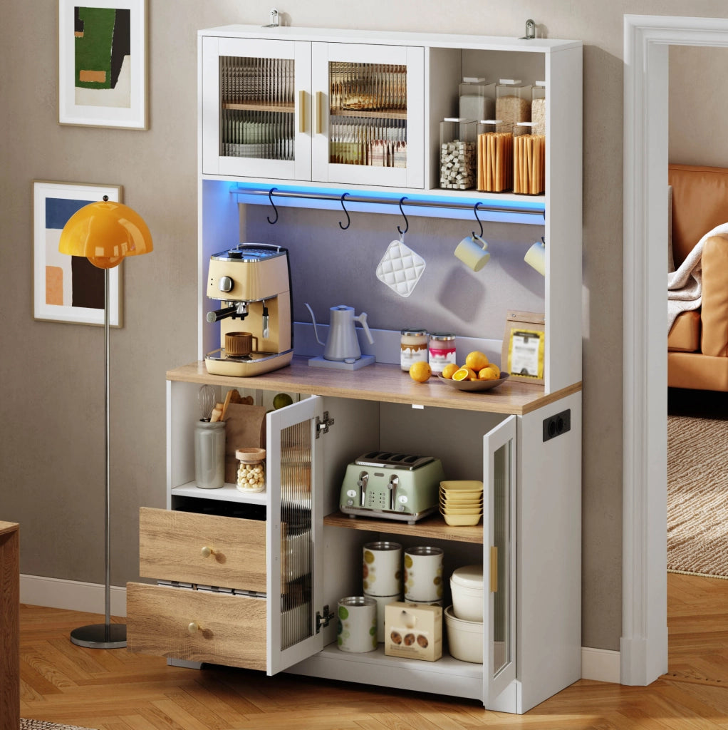 Credenza cucina 110x40x178 cm con LED e prese; vetri temperati; MDF naturale e bianco