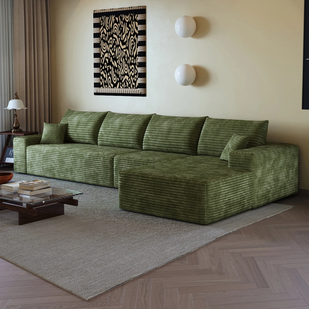 Divano d'angolo modulare con chaise longue e imbottitura in schiuma ad alta elasticità in velluto a coste verde 270 × 175 × 83 cm