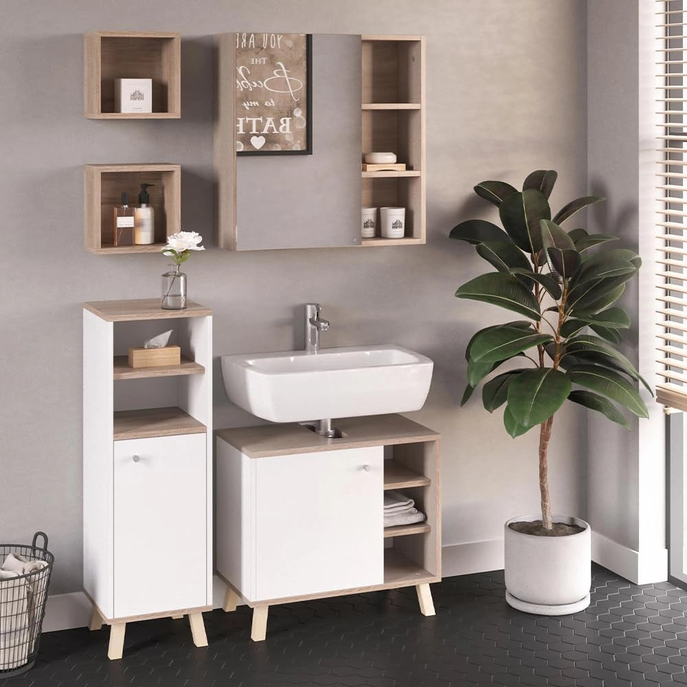 Set mobili bagno Senyo, Bianco, 62 cm, composto da armadietto a specchio, base lavabo, armadio medio e 2 scaffali bagno