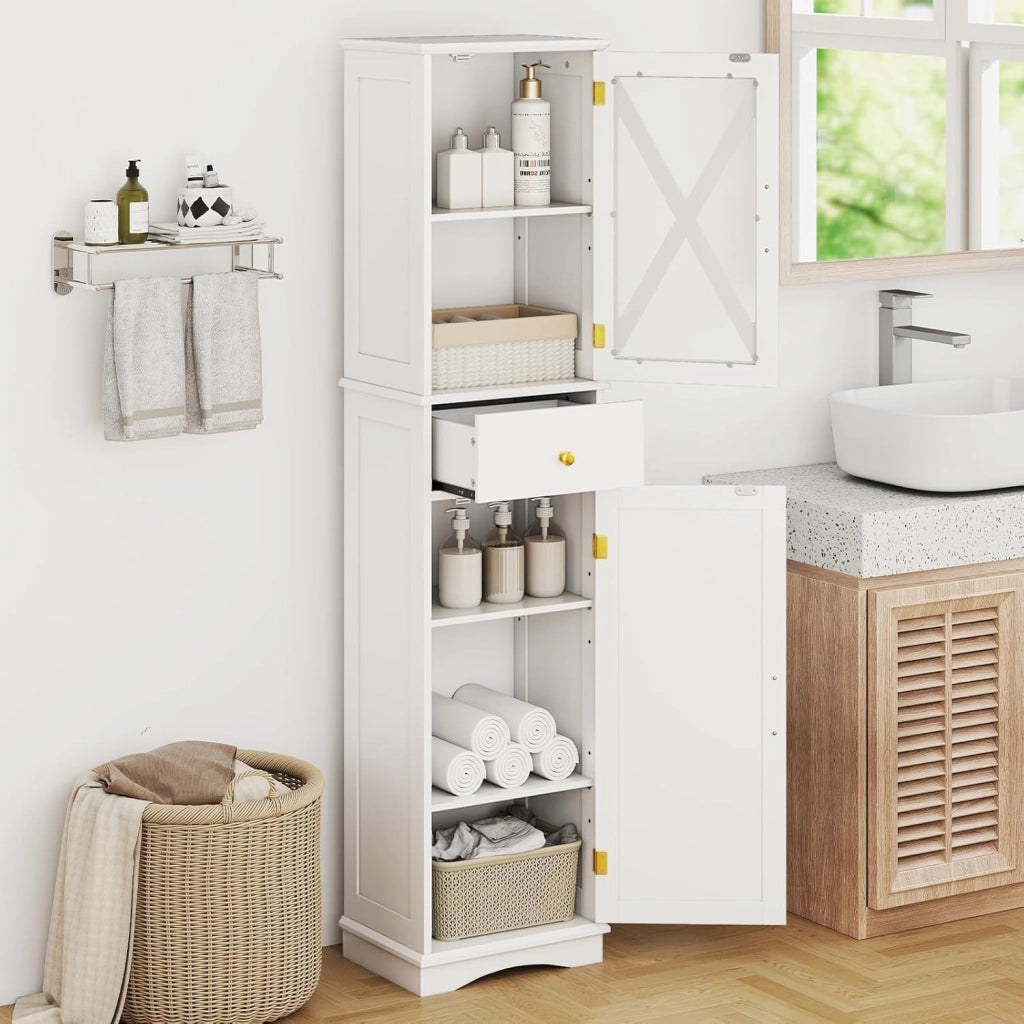 Armadietto da bagno, sottile con 2 ante, 1 cassetto e 3 ripiani regolabili, 40 x 30 x 168 cm, per cucina, soggiorno, bagno, ufficio (bianco)