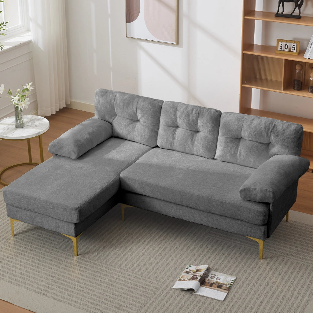 Divano angolare reversibile 3 posti con chaise longue intercambiabile e braccioli imbottiti in chenille grigio
