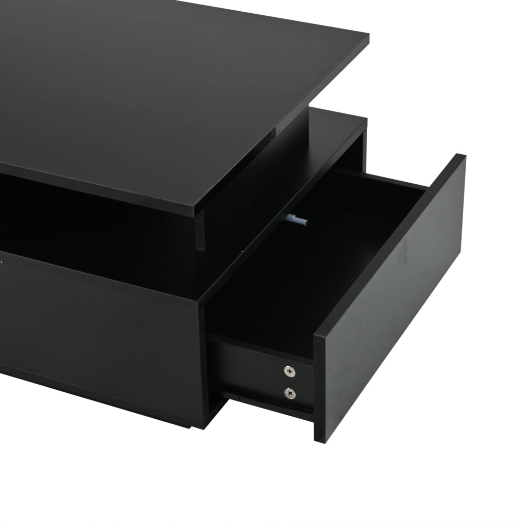 Tavolino da caffè 100x50x36 cm con 2 cassetti; LED; ripiani in vetro; nero lucido