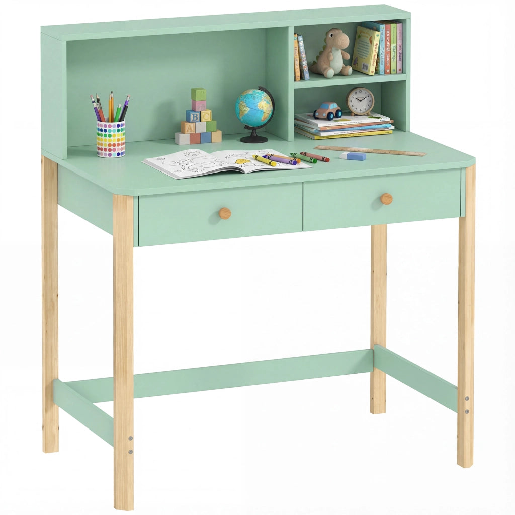 Scrivania per Bambini 5-12 Ani con 3 Ripiani e 2 Cassetti, in Legno, 90x52x105 cm, Verde