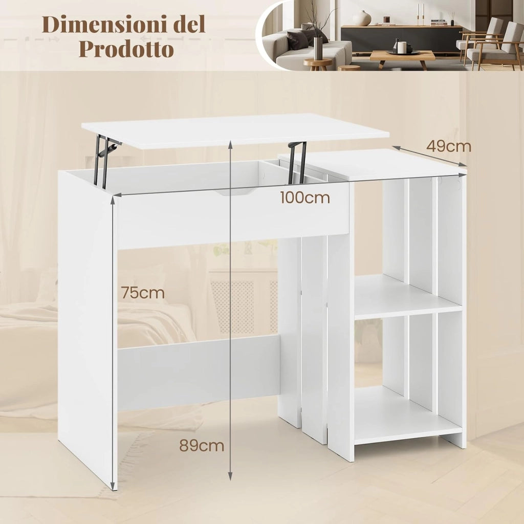 Scrivania per Computer con Piano Sollevabile, Scrivania PC Moderna con Scomparto Segreto Salvaspazio e 2 Ripiani, Ideale per Ufficio, Studio e Camera da Letto, 100 x 49 x 75 cm, Bianco