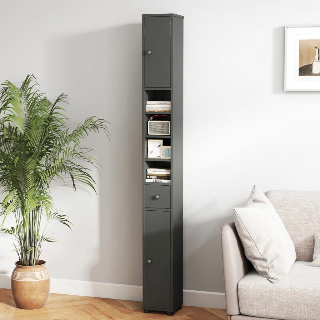 Armadio da bagno alto-Mobiletto da bagno slim con 1 cassetto di stoccaggio, Armadio da bagno 5 ripiani regolabili struttura antiscivolo Grigio