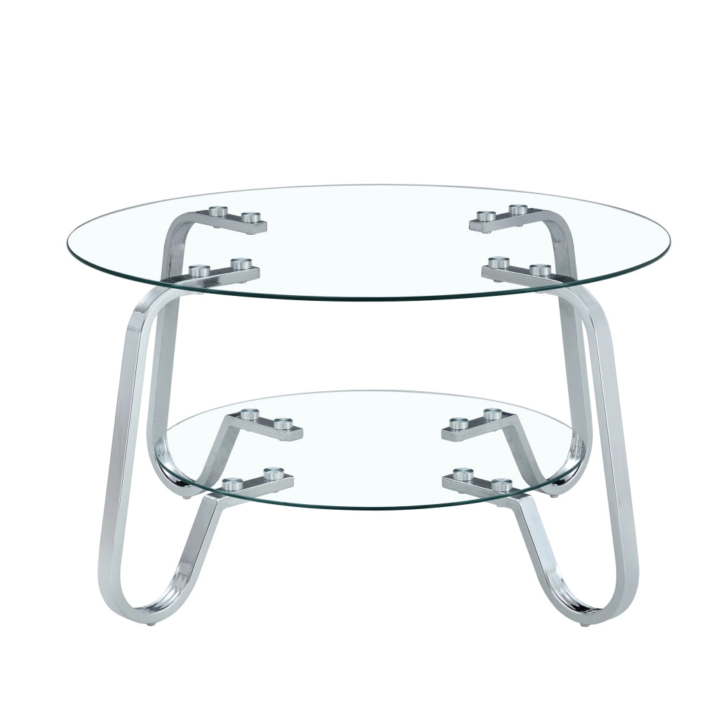 TAVOLINO DA CAFFÈ Rotondo a 2 ripiani in vetro e metallo Silver