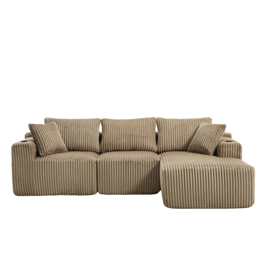 Divano modulare con chaise longue e 2 posti, rivestimento in corduroy, 5 cuscini, tasche laterali e portabicchieri