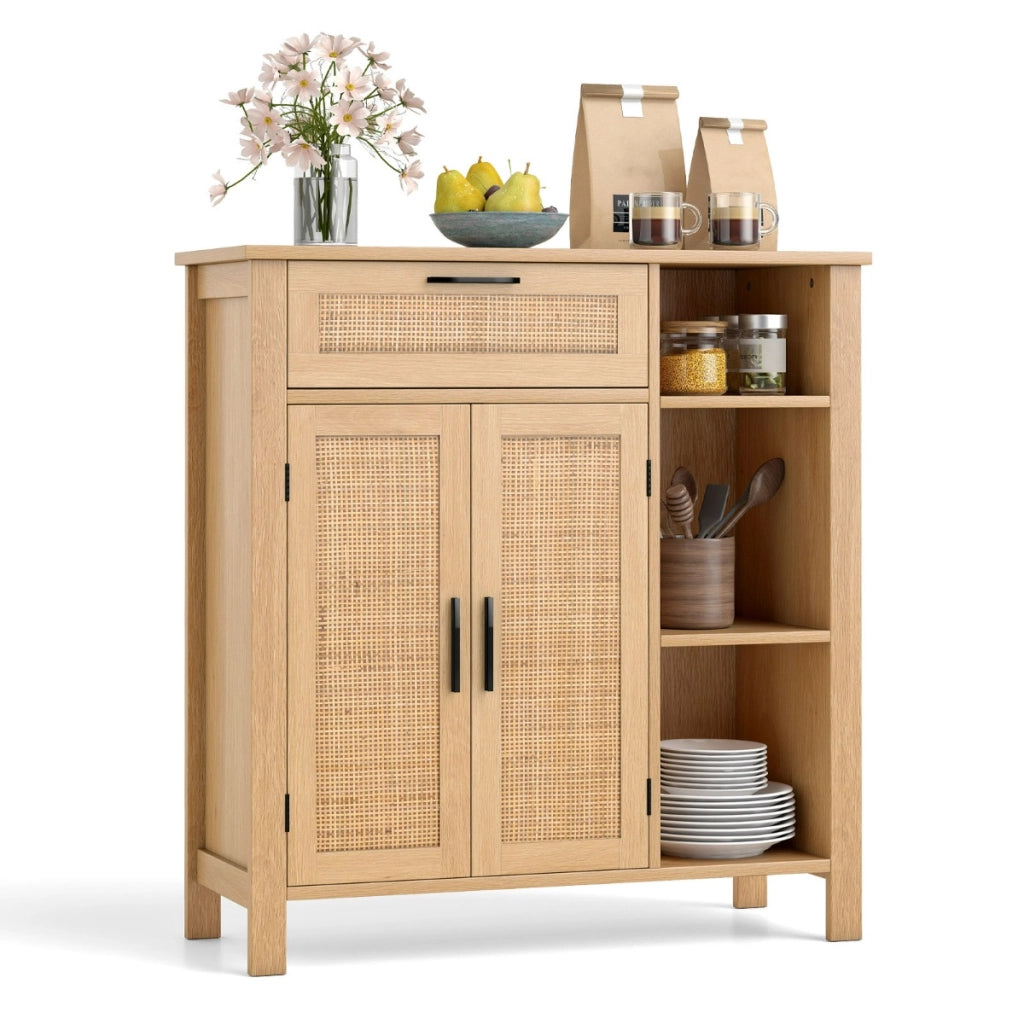 Credenza buffet-Armadio da cucina con ante intrecciate in rattan per cucina, Mobiletto con cassetto e mensola regolabile Naturale