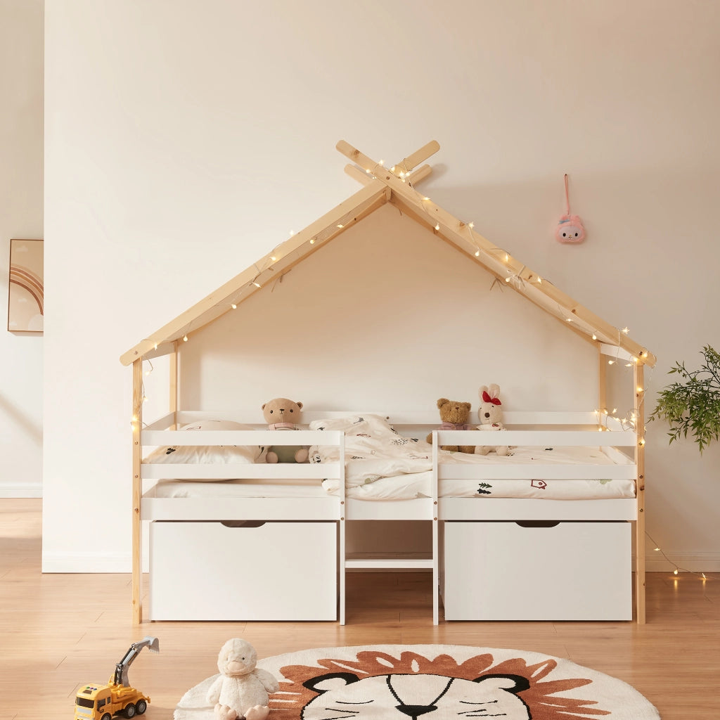 Letto Casetta per Bambini Surnadal 90x200 cm in Legno di Pino con Cassetti e Sbarre [en.casa]