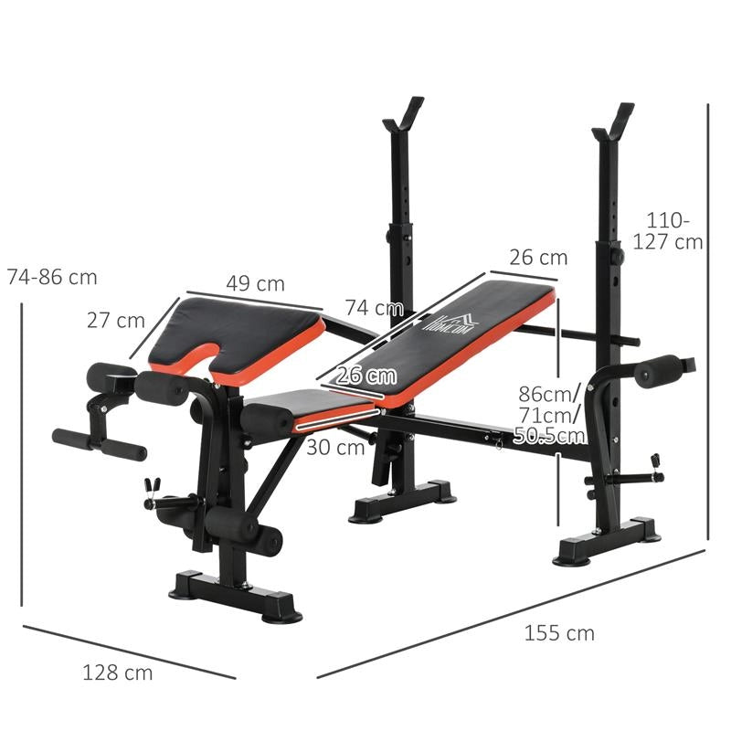 PANCA MULTIFUNZIONE REGOLABILE CON SUPPORTO PER BILANCIERE, IN ACCIAIO E PLASTICA, 175X139X127 CM, ROSSO E NERO