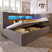 Letto singolo imbottito 90x200 cm con LED; vano contenitore idraulico; USB; lino grigio