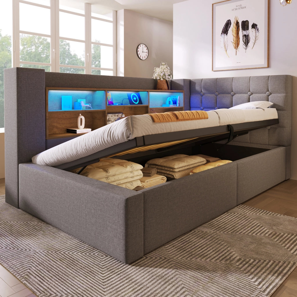 Letto singolo imbottito 90x200 cm con LED; vano contenitore idraulico; USB; lino grigio