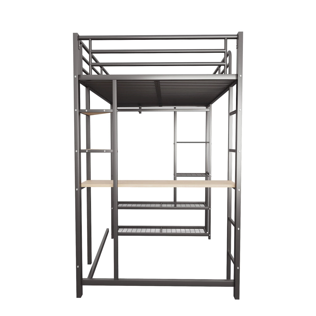 Letto a soppalco singolo 90×200 cm con scala; scrivania; appendiabiti e ripiani; senza materasso; metallo; nero