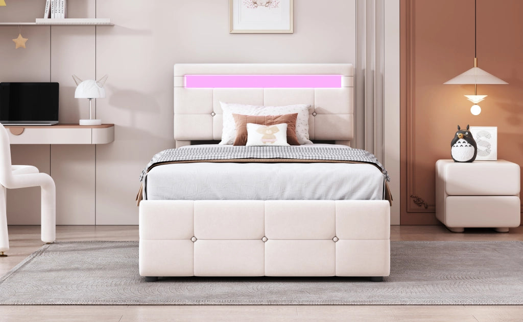 Letto bambino – 90x200 cm – LED contenitore idraulico testiera regolabile – velluto beige