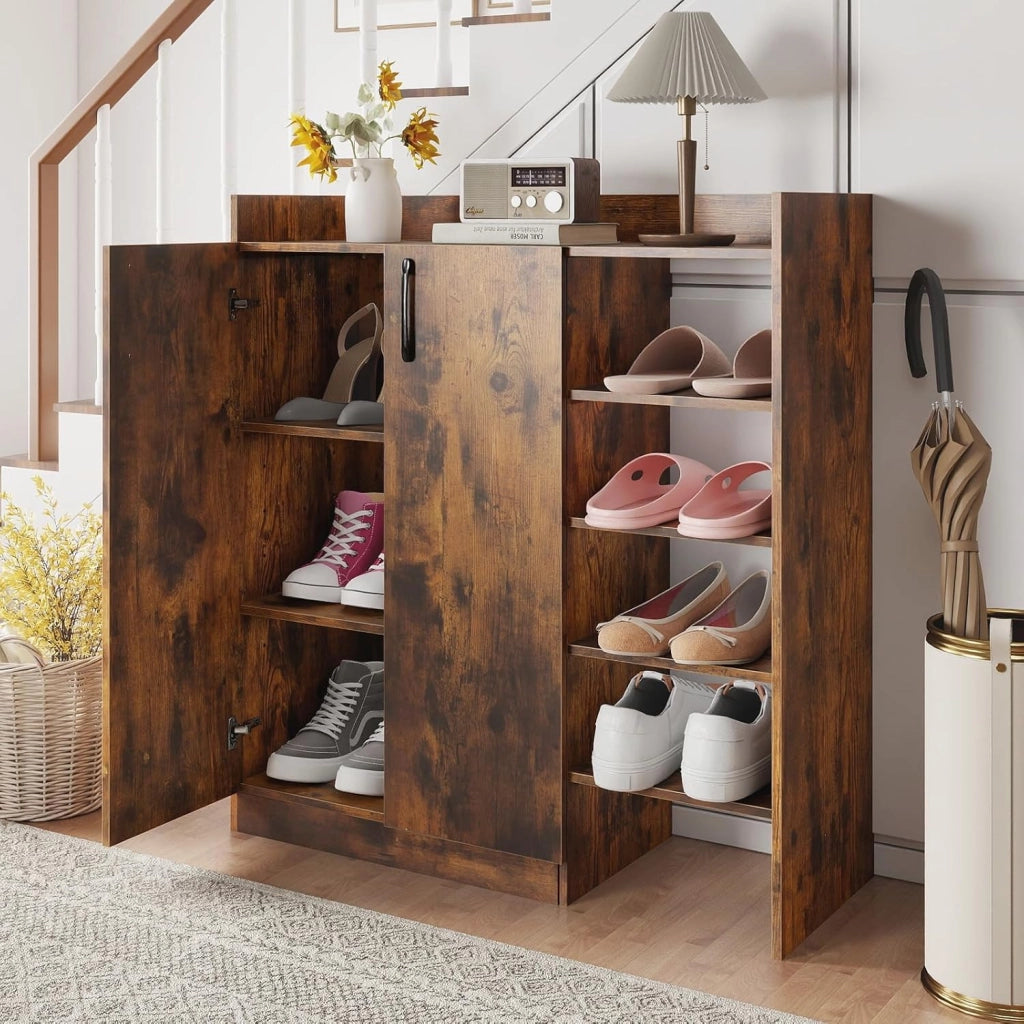 Mobile scarpe con ampio vassoio, armadio chiuso, 2 ripiani interni regolabili e 4 ripiani aperti, armadio a scarpe stile moderno per ingresso, corridoio, soggiorno (marrone)