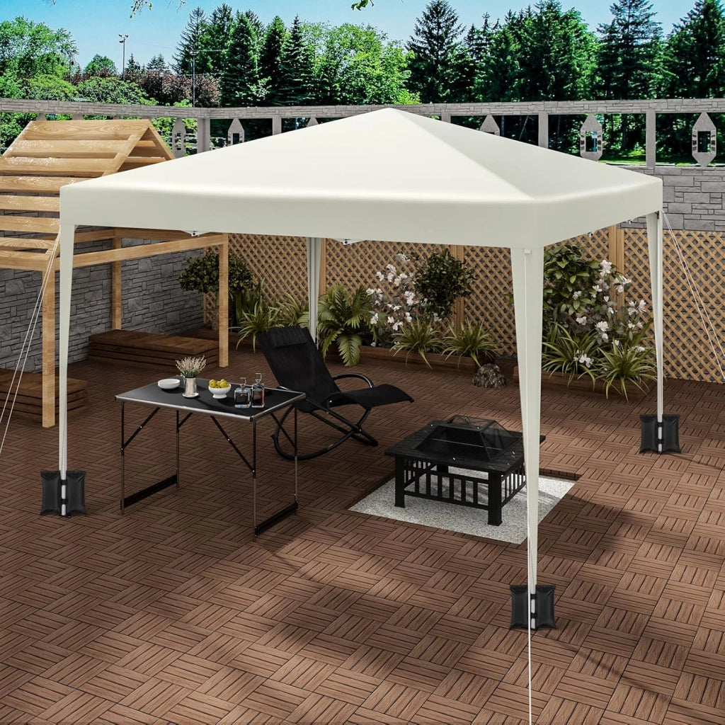 Gazebo da Giardino Richiudibile 3x3m Gazebo da Esterno in Ferro Regolabile in Altezza Tendone Pieghevole con Set di 4 Sacchi di Sabbia, Facile da Montare Beige