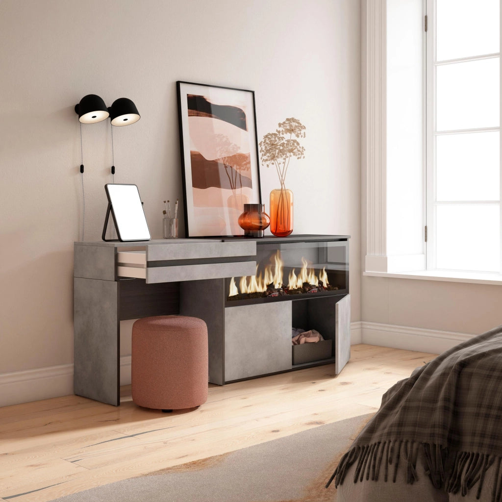 Tavolo da toeletta, 177x35x75cm, Con cassetto, Camino elettrico XXL, grigio cemento RF3464