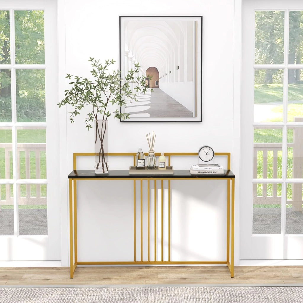Tavolo Consolle 120 cm, Tavolo d’Ingresso con Piano Effetto Marmorino e Sponda, Consolle con Struttura in Metallo Dorato per Salotto, Corridoio e Ingresso (Nero)