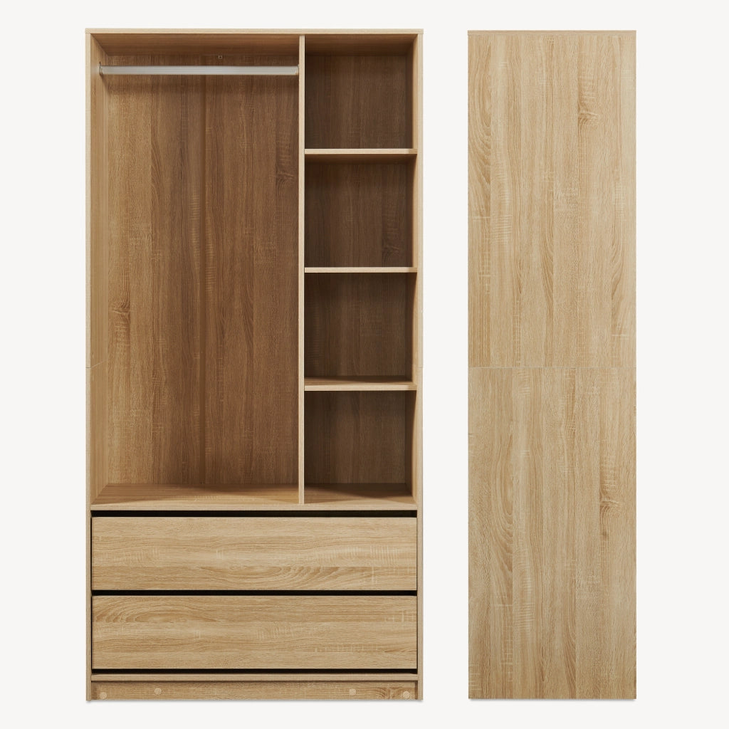 Armadio Aperto Vippsaki Guradaroba con Barra Appendiabiti 4 Scomparti e 2 Cassetti 200 x 100 x 50 cm - Effetto Rovere [en.casa]