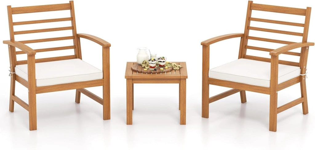 Set di 3 mobili da giardino in legno di acacia, per balconi, terrazze, mobili da giardino, set da 2 persone, set da 2 sedie con tavolo in legno, set da giardino con cuscino incluso