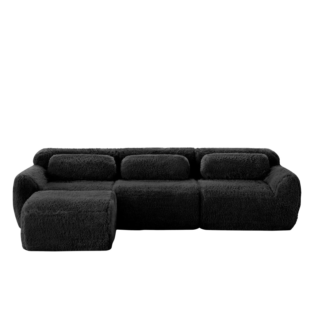 OKWISH Divano Angolare Modulare, Design senza Struttura con Seduta Profonda, Pouf Collegabile e Cuscini, Peluche, Nero