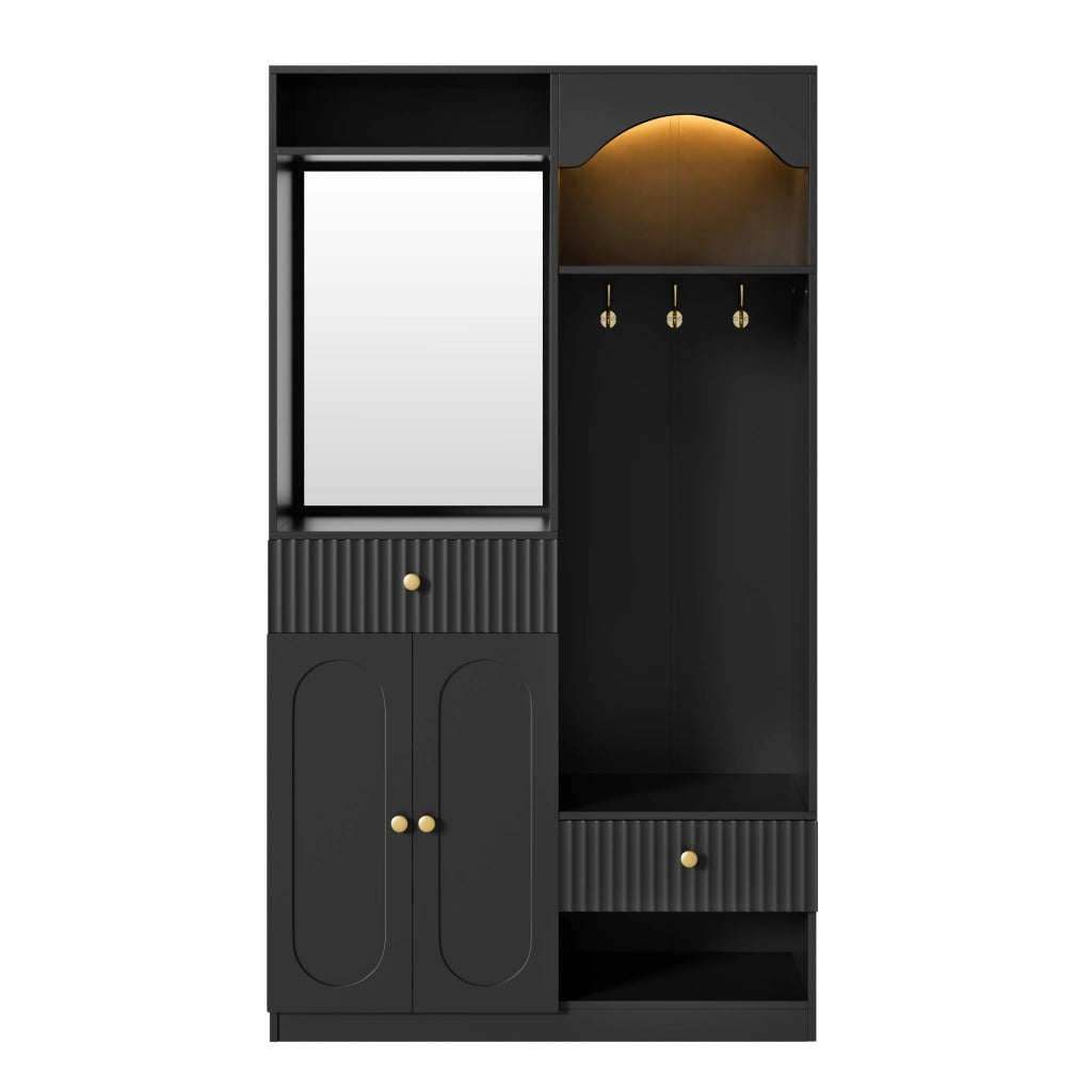 Guardaroba da ingresso con specchio; panca; ganci; vani e LED multicolore; in MDF nero; 100 Ã— 35 Ã— 180 cm