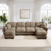 Divano panoramico a U 4 posti in ciniglia con cuscini mobili e design trapuntato, Marrone, 330 × 149 × 90 cm