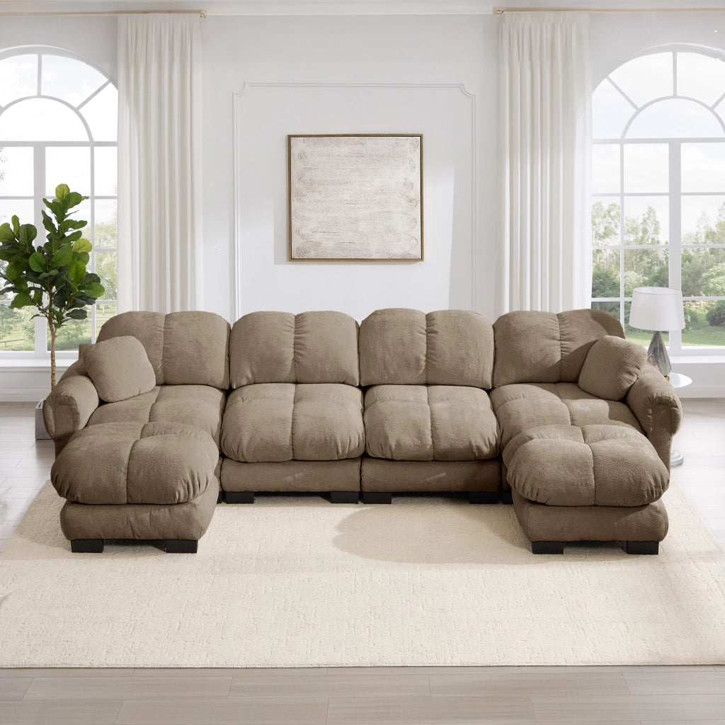 Divano panoramico a U 4 posti in ciniglia con cuscini mobili e design trapuntato, Marrone, 330 × 149 × 90 cm